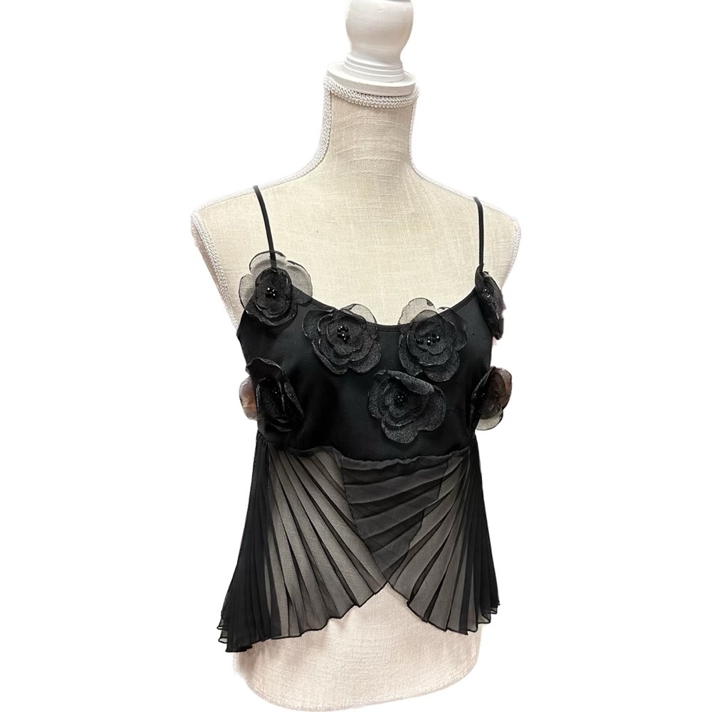 Black Floral Cami with pleated waist and Floral Beaded detail.